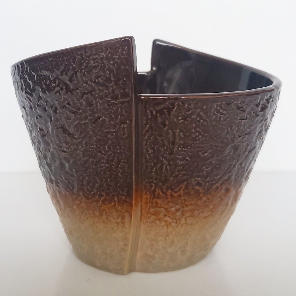 Asymmetrical Textured Brown Planter Flower Pot Ombre Glossy Finish MCM Style